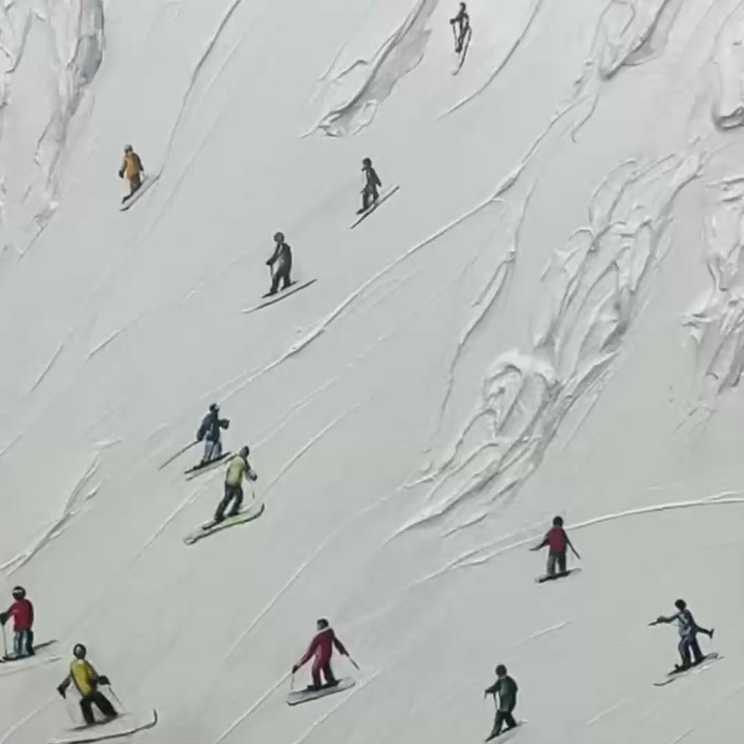 Minimalist Skiing Painting on Textured Square Canvas
