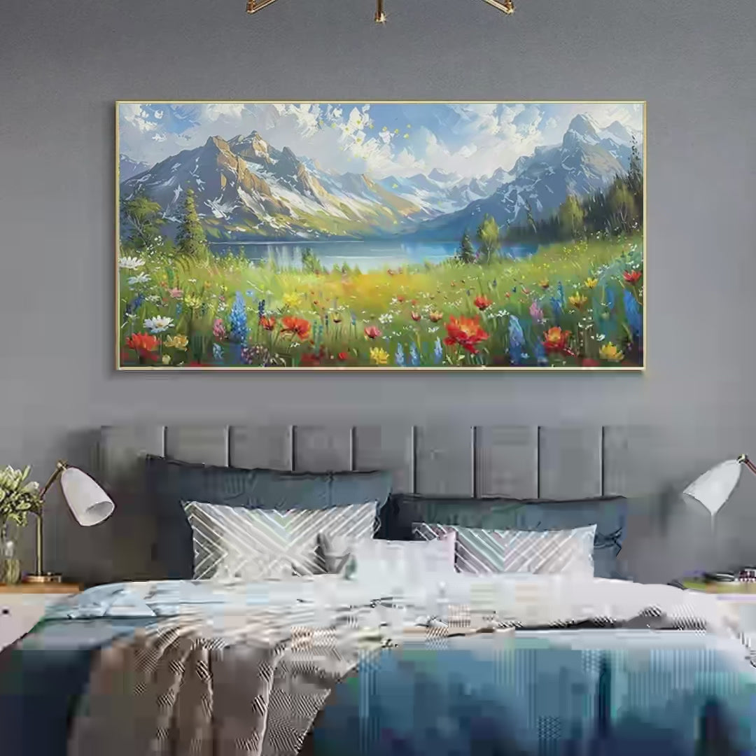 lpine Wildflower Paradise Colorful Landscape Painting with Wildflowers and Mountains Landscape Decor