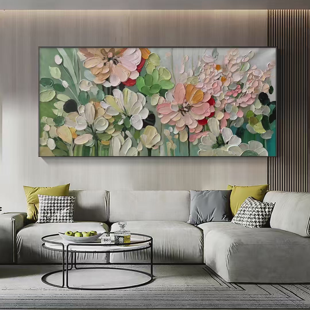 Garden Delight: Textured Floral Painting | Impasto Palette Knife | Horizontal Canvas | Garden Wall Art