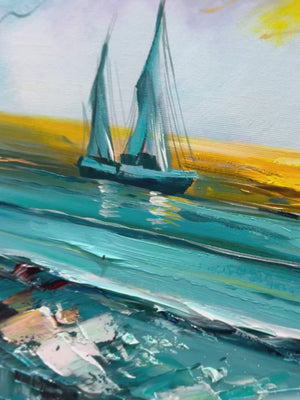 Golden Horizon: Vibrant Sunset Seascape Oil Painting Canvas Wall Art Decor