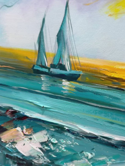 Golden Horizon: Vibrant Sunset Seascape Oil Painting Canvas Wall Art Decor