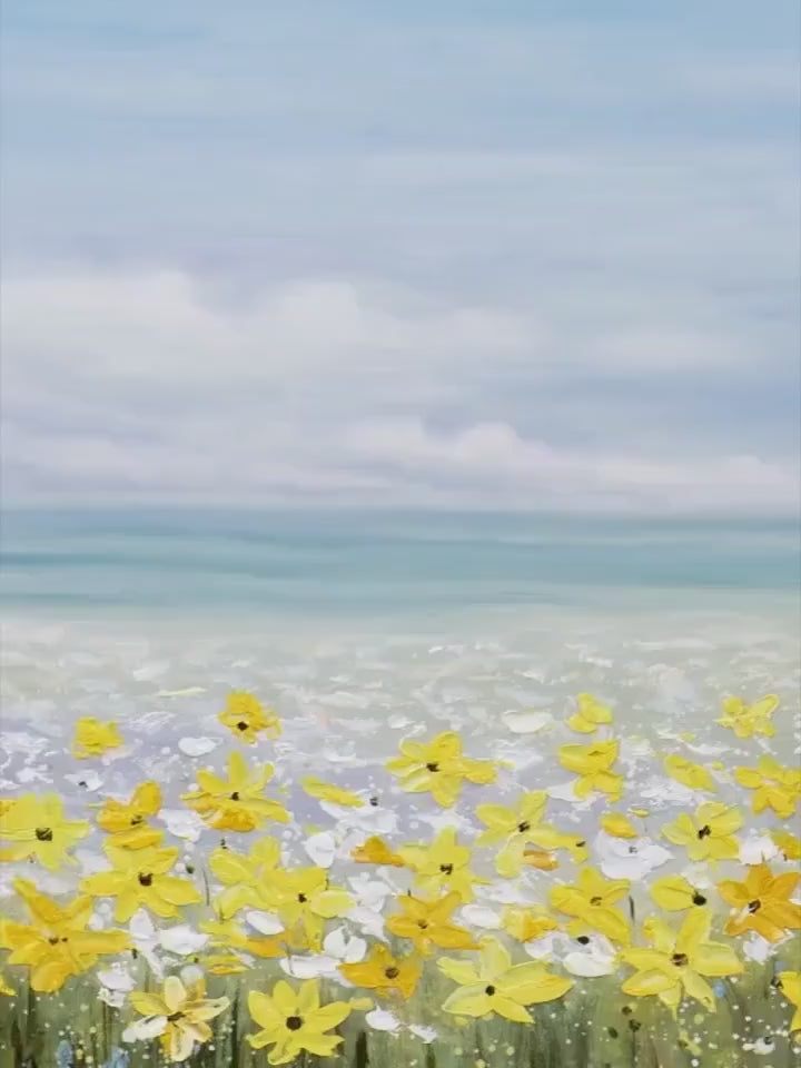 Golden Hour Bloom: Landscape Oil Painting with Yellow Wildflowers