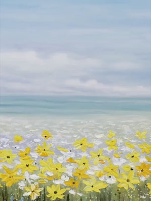 Golden Hour Bloom: Panoramic Landscape Oil Painting with Yellow Wildflowers and Blue Sky on Canvas
