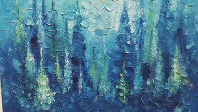 BLUE FOREST-Textured Forest Painting, Blue Landscape Wall Art, Square Canvas, Impasto Decor