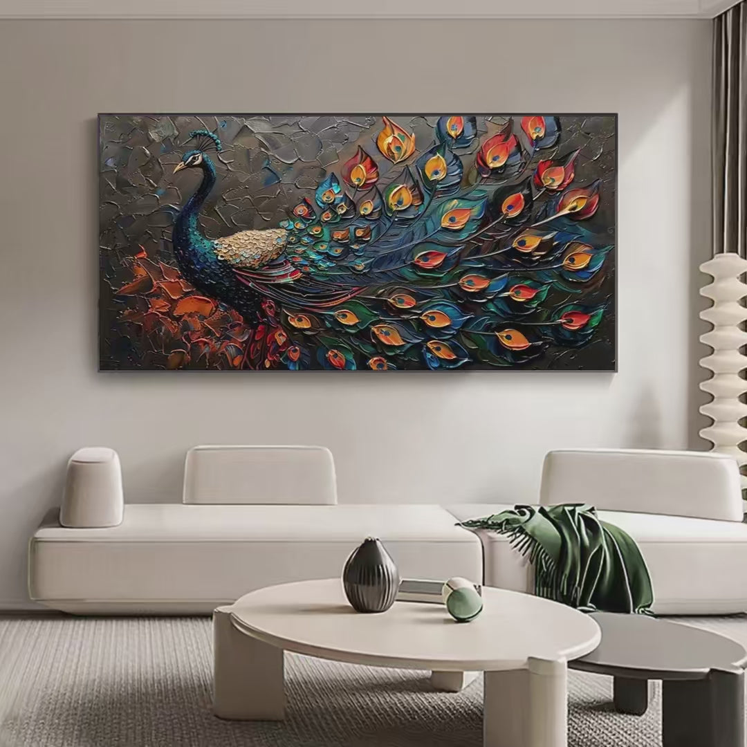 Majestic Plumage: Textured Peacock Painting | Impasto Wall Art | Horizontal Canvas | Animal Decor