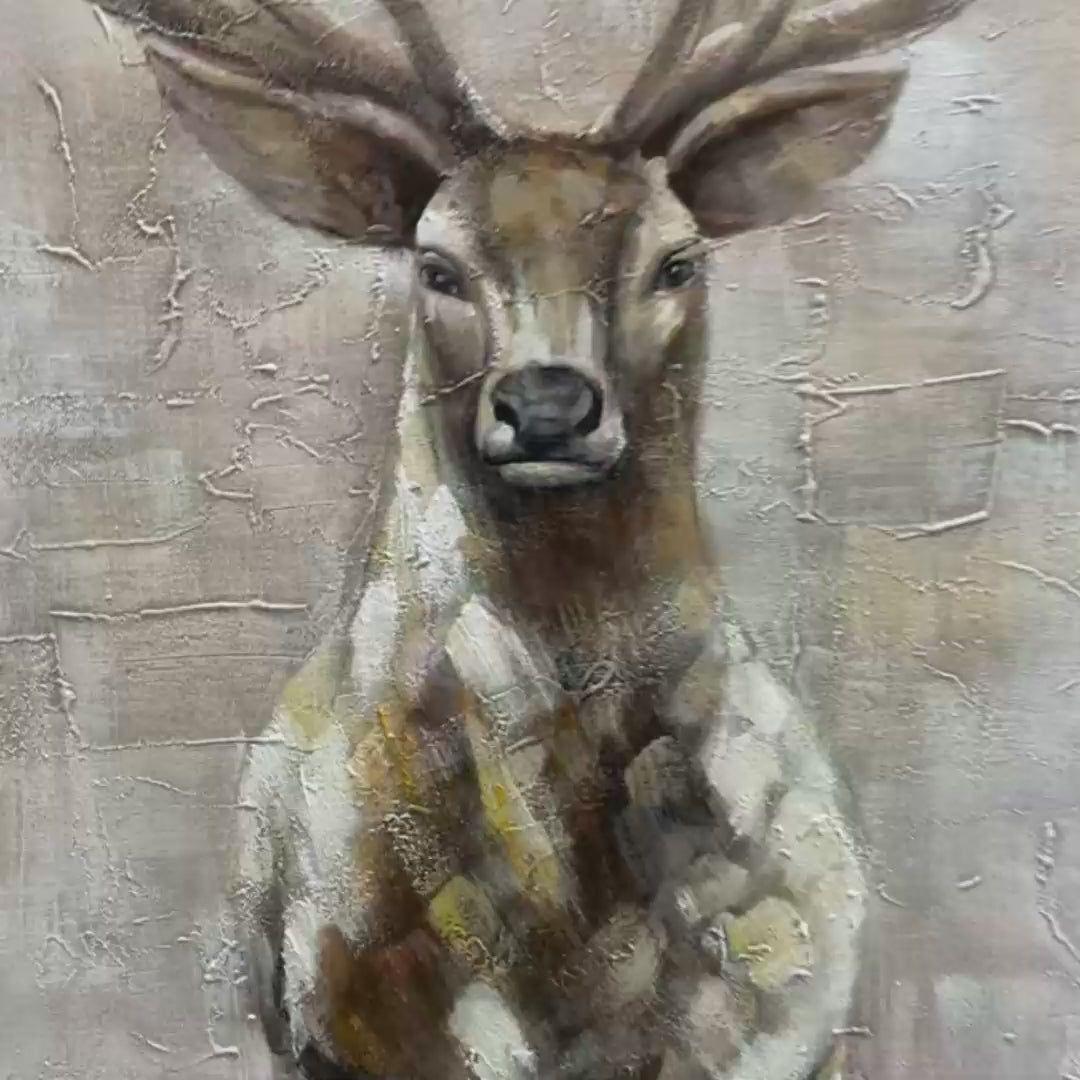 MAJESTIC STAG Textured Stag Painting by Ethan Walker, Vertical wall art with a textured finish and neutral tones.