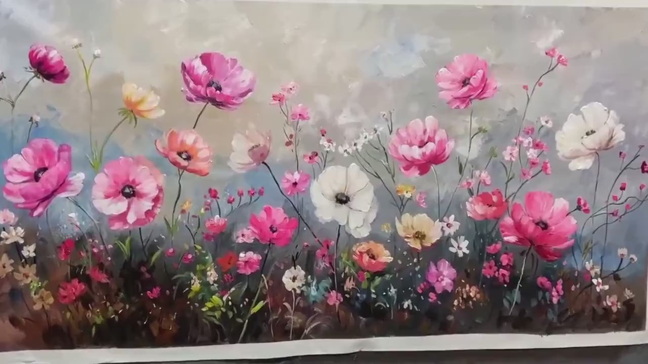 Summer Bloom: Textured Pink & White Floral Painting on Grey for Elegant Decor