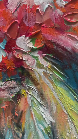 Plumage Fire: Vibrant Abstract Feather Oil Painting on Canvas