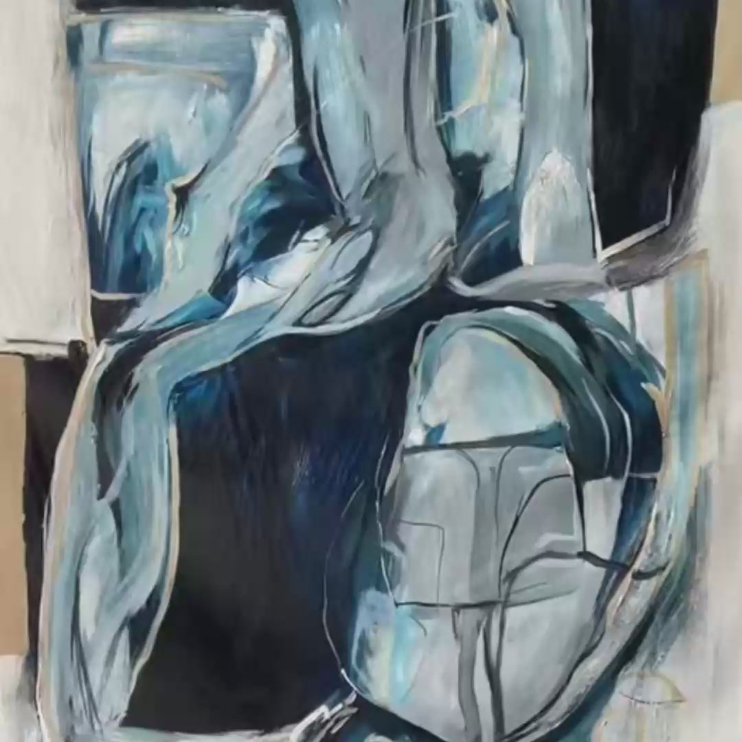 Abstract art piece with blue and gray colors on a white background