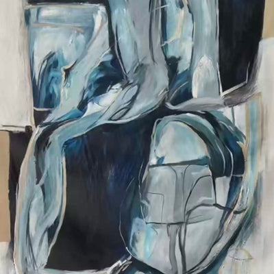 Abstract art piece with blue and gray colors on a white background