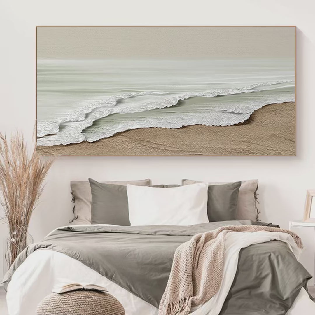 Serene Shore: Textured Coastal Landscape Painting in Beige | Coastal Decor