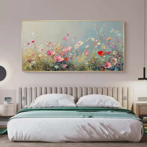 Wild Meadow: Panoramic Floral Landscape Painting in Pink and White