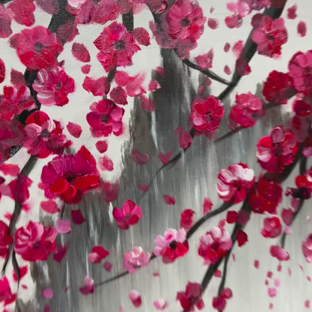 Horizontal Cherry Blossom Serenity painting by Chen Liu with pink blossoms over misty mountains and calm water.