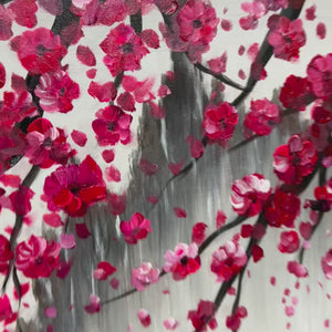 Horizontal Cherry Blossom Serenity painting by Chen Liu with pink blossoms over misty mountains and calm water.