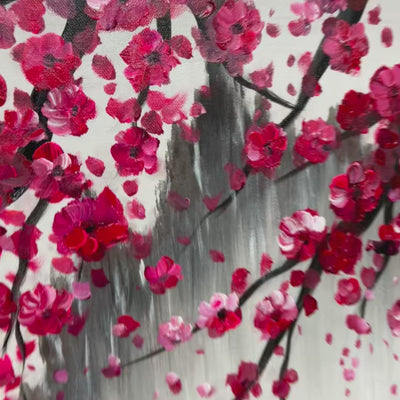 Horizontal Cherry Blossom Serenity painting by Chen Liu with pink blossoms over misty mountains and calm water.