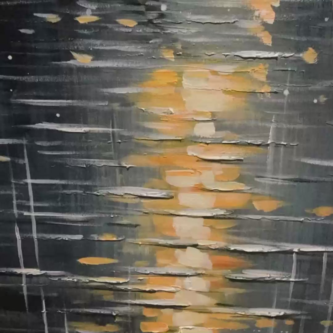 Vertical Painting of a Rainy City Street, Minimalist Figures, Modern Wall Art, Blue and Gold