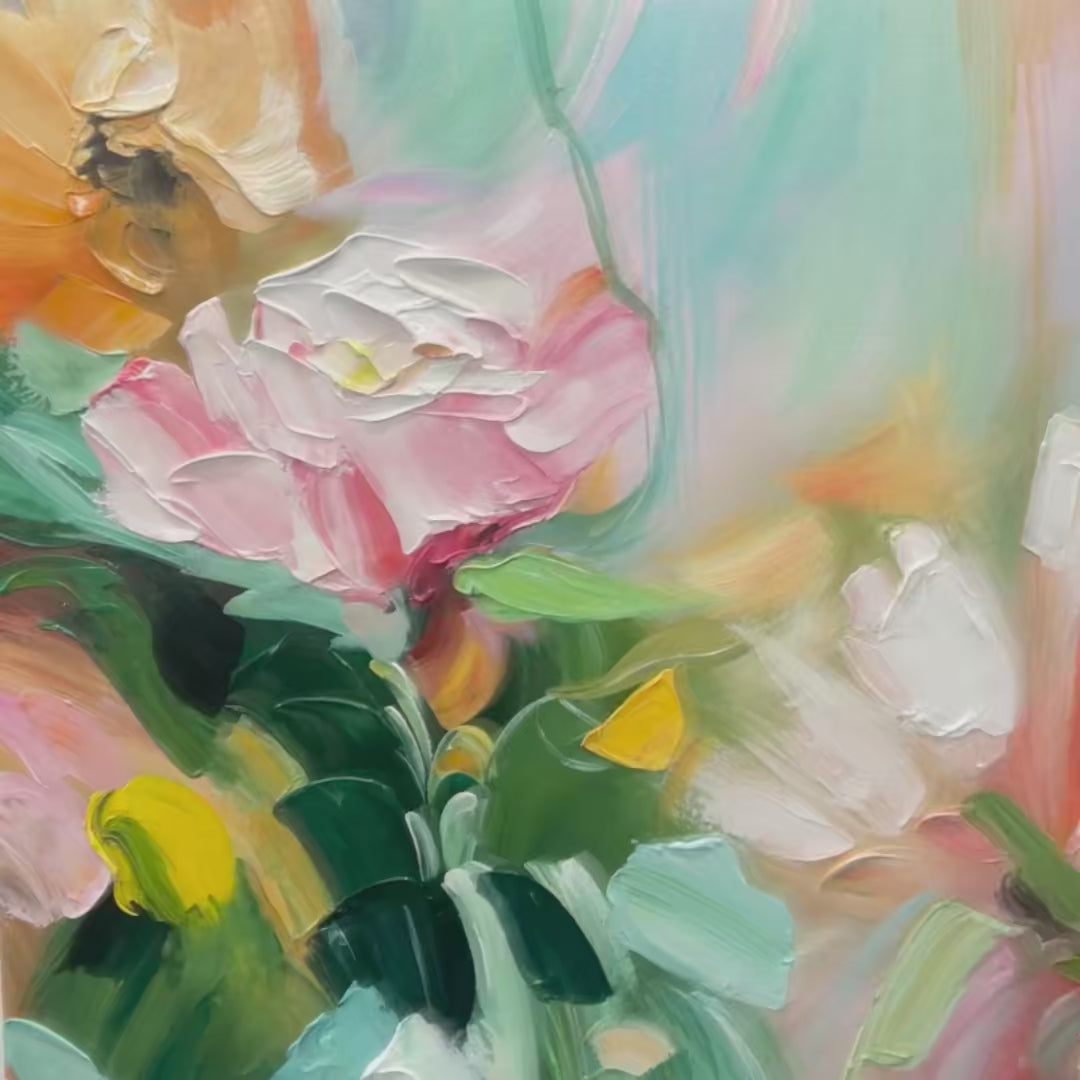 Blooming Romance: Original Impressionistic Floral Oil Painting - Pink and Peach Flower Wall Art