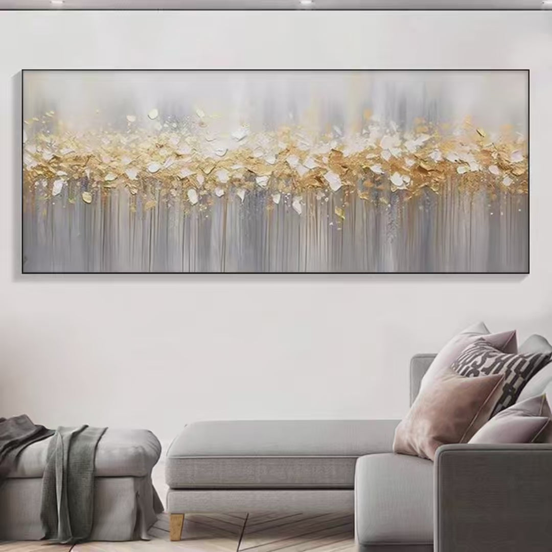 GOLDEN DRIZZLE: Textured Abstract Painting, Gold and Grey Wall Art, Panoramic Canvas, Modern Decor