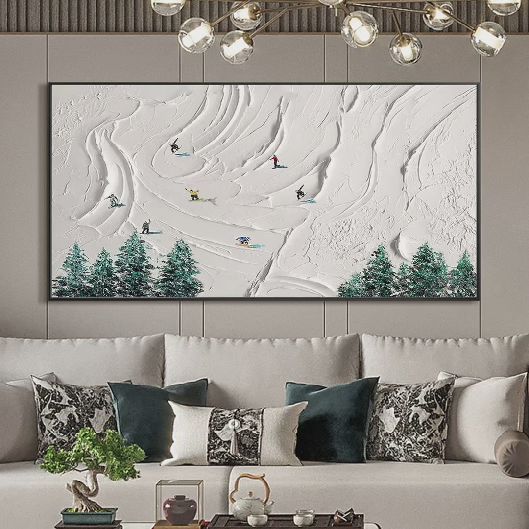 Snowy Peaks: Textured Minimalist Winter Landscape Painting with Skiers