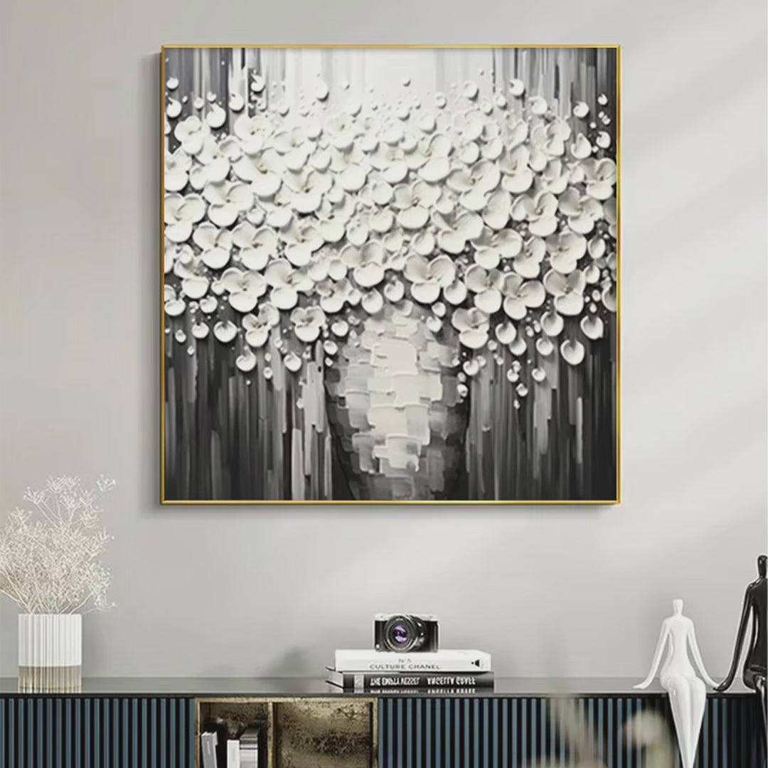 White Bouquet: Textured White Floral Painting on Grey Background | Modern Art