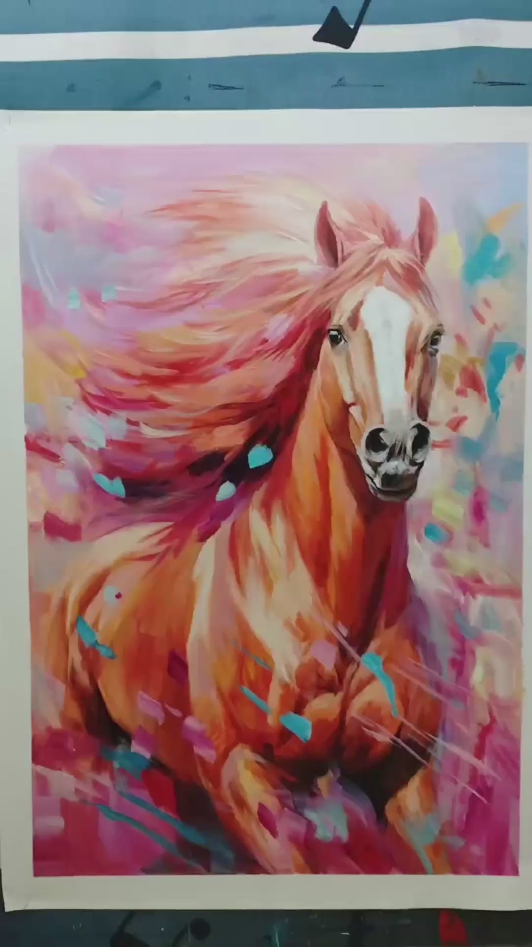 Pink Fire: Colorful Horse Oil Painting Canvas Wall Art Animal Decor