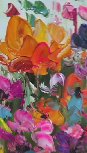 Wild Bloom Meadow: Panoramic Impasto Wildflower Oil Painting on Canvas