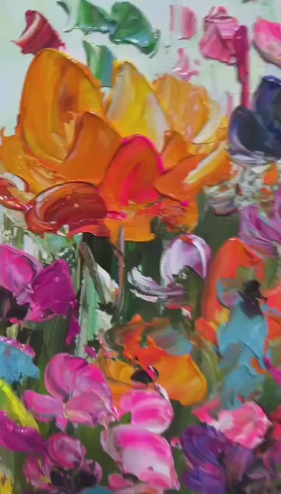Wild Bloom Meadow: Panoramic Impasto Wildflower Oil Painting on Canvas