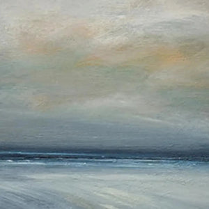 Liam O'Connell's Twilight Coast painting: muted blue, peach sky over dark sea and choppy waves, horizontal wall art