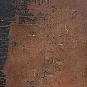 Close-up of Javier Ramirez's Rustic Texture painting, showing layered brown impasto and dark gray accents.