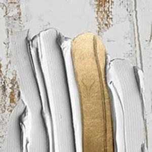 Close-up textured impasto brushstrokes in white and gold paint, abstract art detail.