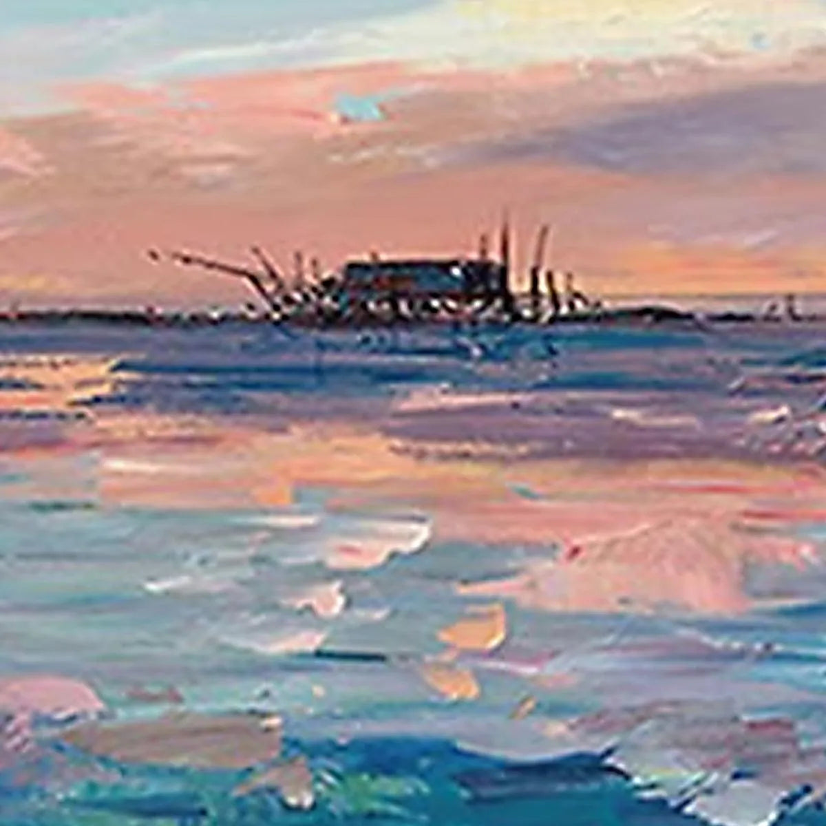 DUSK REFLECTIONS: Panoramic Coastal Sunset Painting, Minimalist Wall Art