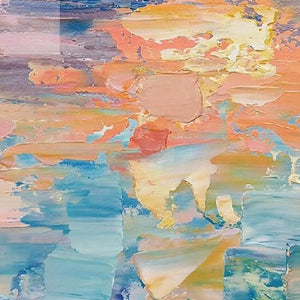 Impasto texture detail of Dusk Reflections sunset painting: peach, orange, and blue brushstrokes on tranquil water.