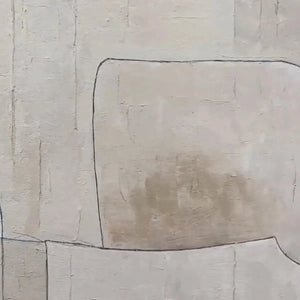 Close-up of Javier Ramirez's abstract painting, showing beige and black geometric shapes with textured brushstrokes.