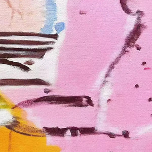 Pink Expression abstract painting: textured pink canvas detail, bold white & dark expressive brushstrokes.