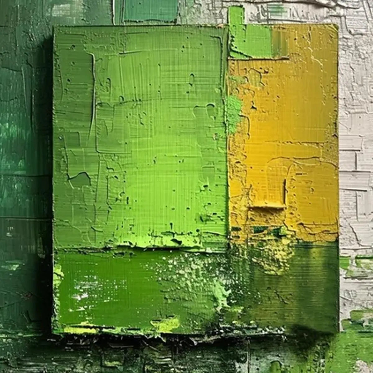 GREEN AND YELLOW TEXTURED BLOCKS: Impasto Abstract Painting, Vertical Wall Art