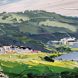 Impressionist coastal painting detail: thick impasto texture on green hills, white village, and vibrant meadows.