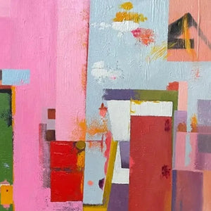Abstract city painting by Willow Davies, modern square wall art. Features bold colors like pink, red, and green.