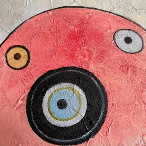Playful Truck abstract art by Willow Davies. Pink and red truck-like form, black and yellow details, square art.