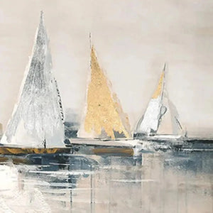 Golden Sailboats painting by Isabella Rossi, featuring gold and silver sailboats on a textured seascape, coastal wall art.