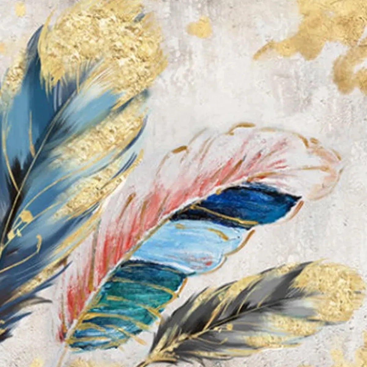 GOLDEN AND BLUE FEATHERS: Vibrant Feather Painting, Horizontal Wall Art