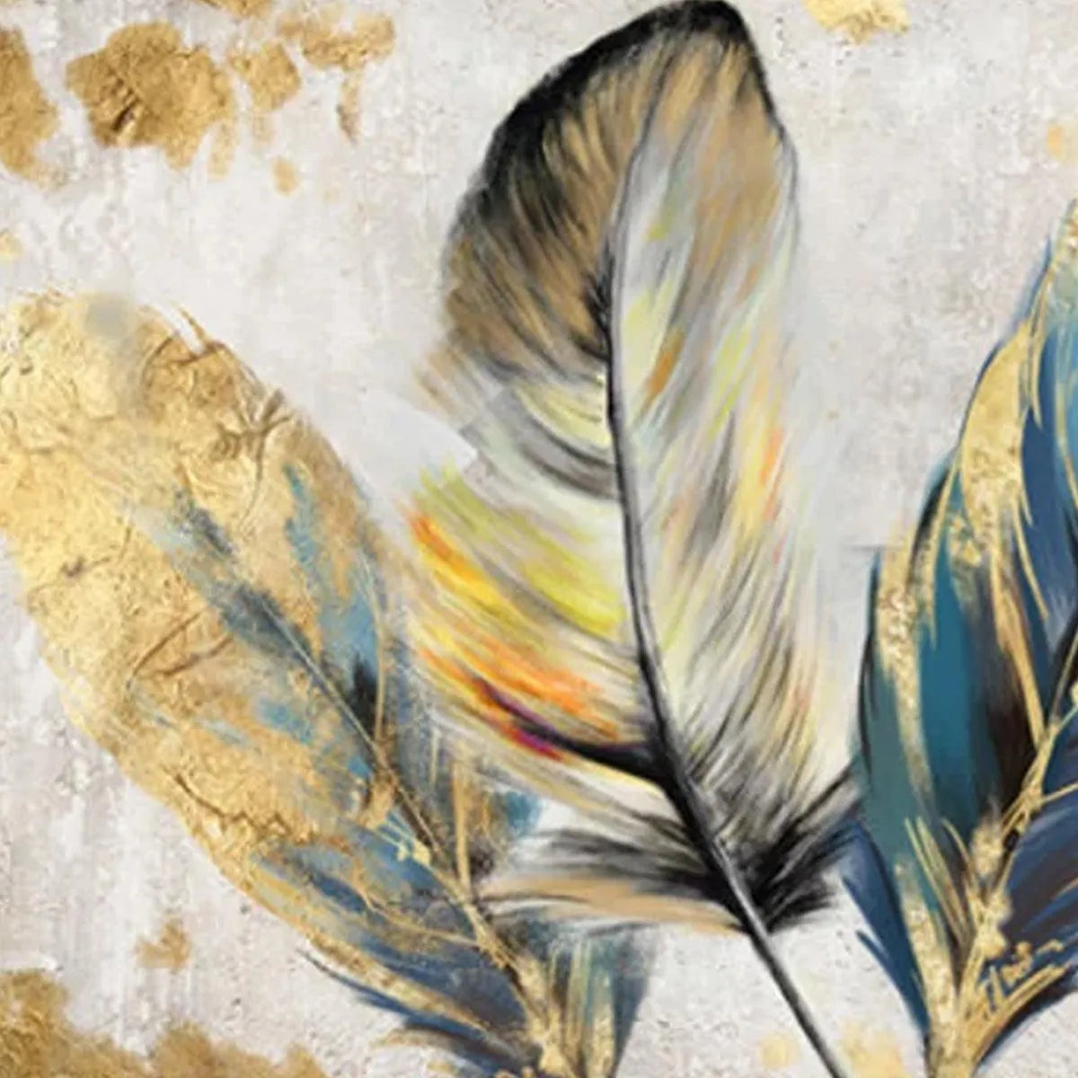 GOLDEN AND BLUE FEATHERS: Vibrant Feather Painting, Horizontal Wall Art