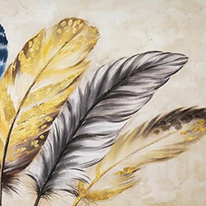Golden Feathers painting by Elodie Dubois, featuring elegant feather artwork in gold, grey, and soft tones for wall decor.
