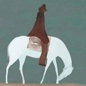 SOLITARY RIDER: Liam O'Connell minimalist painting, white horse and brown-clad rider, panoramic wall art, serene landscape.