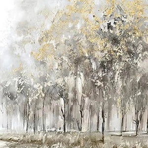 Golden Forest Path panoramic painting by Liam O'Connell, gold and grey tones, textured forest landscape for wall art.