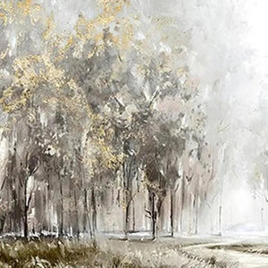 Golden Forest Path painting by Liam O'Connell, panoramic forest art with gold and grey tones, interior decor.