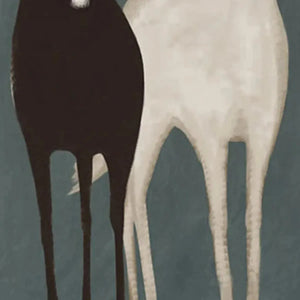 Two Horses minimalist art by Javier Ramirez, black and white horse silhouettes on teal background, vertical wall art.