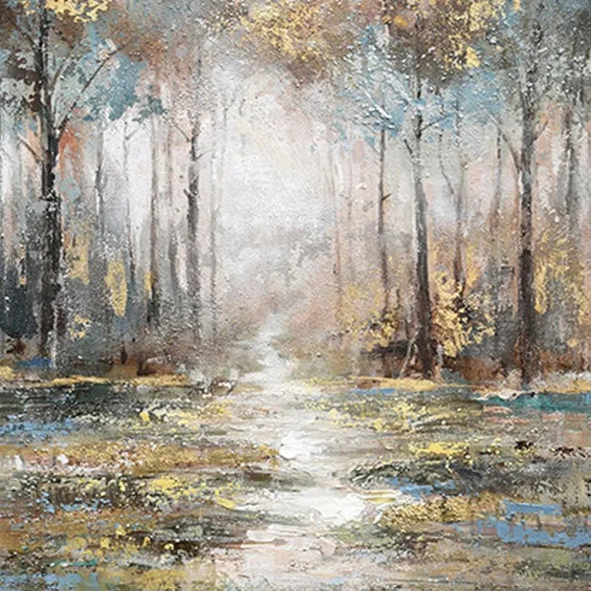 GOLDEN FOREST PATH: Textured Forest Landscape Painting, Vertical Wall Art