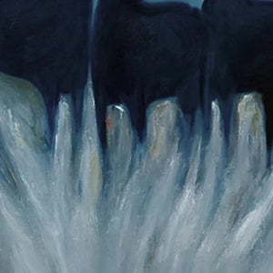 Minimalist painting of three dark horses at night by Javier Ramirez, vertical wall art, blue and black tones, modern art