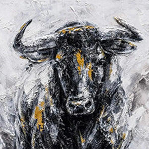 Textured impasto painting of a charging bull with black, white, and gold accents. Vertical wall art.