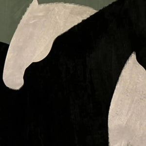 Minimalist horse painting by Javier Ramirez, black and white horse with green background. Vertical wall art.